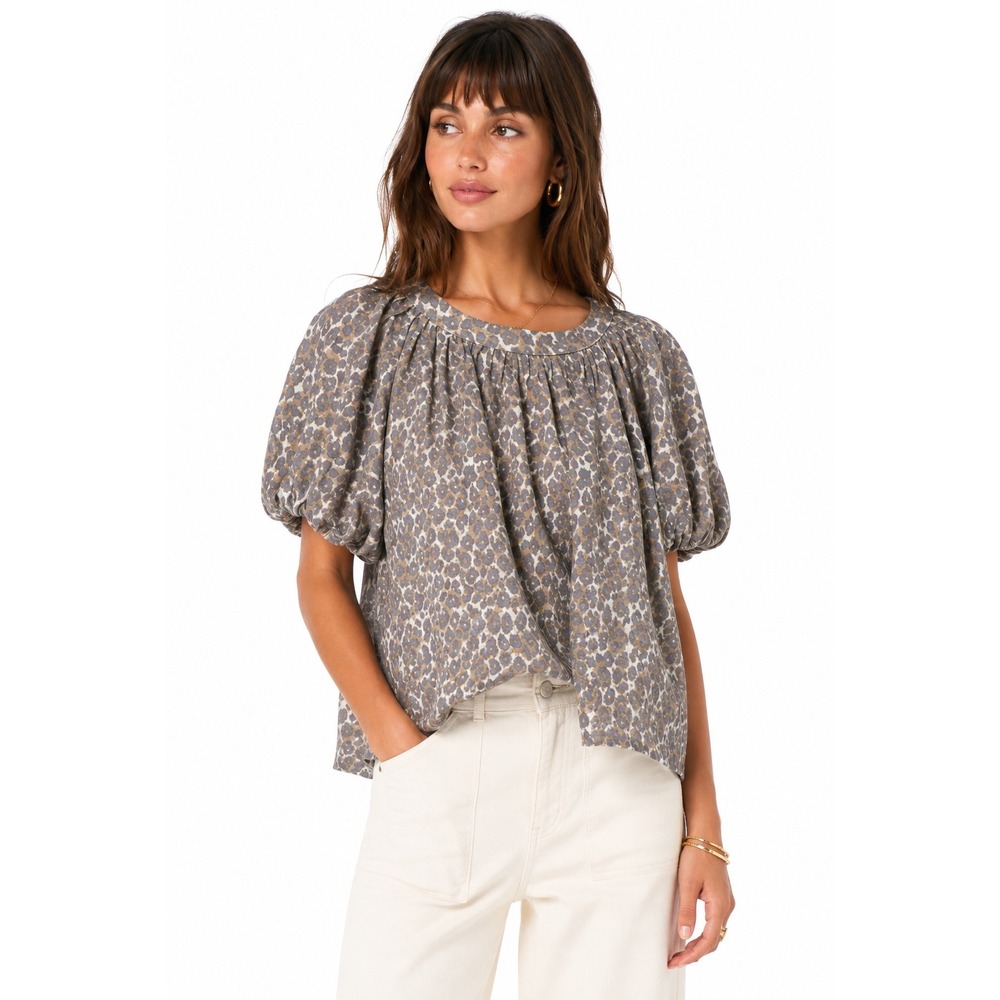 Maeve Anthropologie Leopard Print Linen Knit Puff Sleeve Blouse Grey Tan Small